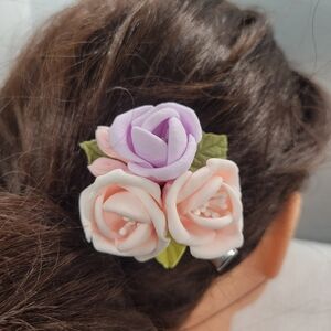 Handmade Pastel Pink Rose Clay Hair Barrettes Unique Floral Hair Clip for Women